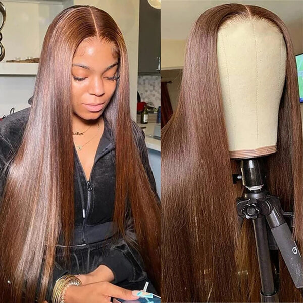 Straight Brown Lace Closure Human Hair Wigs Chocolate Color - Image 3
