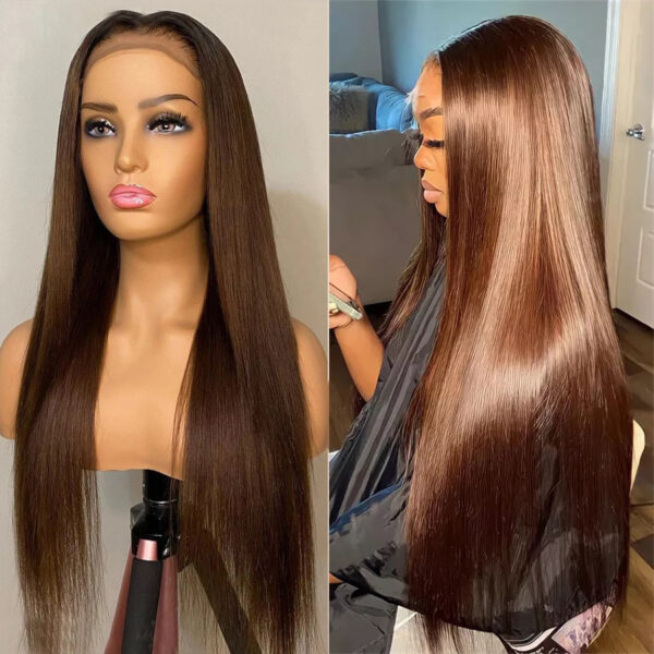 Straight Brown Lace Closure Human Hair Wigs Chocolate Color - Image 2