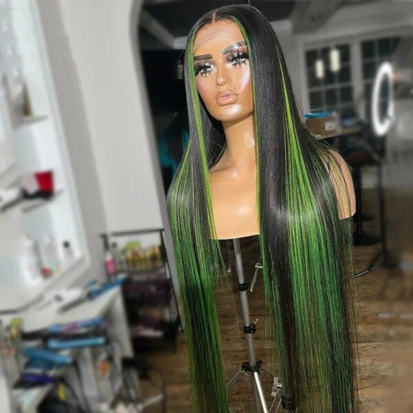 Green Highlight Straight Hair Lace Wig - Image 10