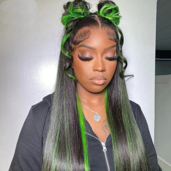 Green Highlight Straight Hair Lace Wig - Image 4