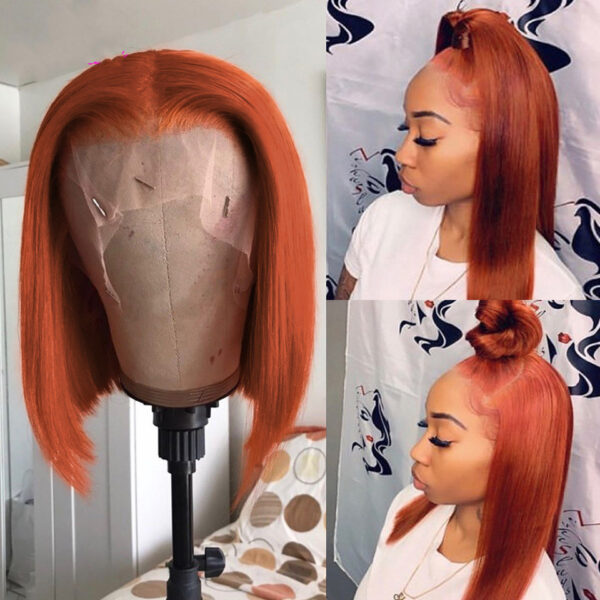 Gradient Color Short Bob Wig Orange Lace Front Human Hair Wig - Image 2